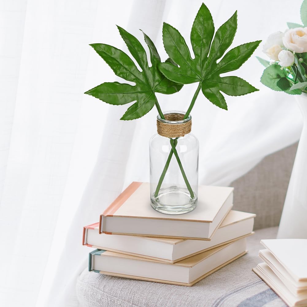 Faux Greenery Stems in Glass Vase with Faux Water, Silk Alocasia Realistic Fake Plants Artificial Tropical Leaves for Home Office Farmhouse Wedding Centerpiece Décor