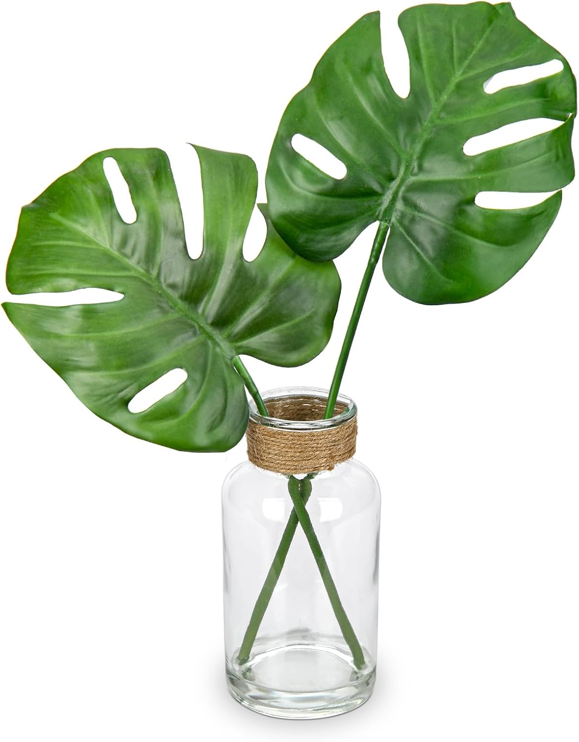 Faux Greenery Stems in Glass Vase with Faux Water, Silk Alocasia Realistic Fake Plants Artificial Tropical Leaves for Home Office Farmhouse Wedding Centerpiece Décor