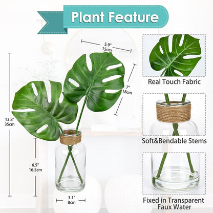 Faux Greenery Stems in Glass Vase with Faux Water, Silk Alocasia Realistic Fake Plants Artificial Tropical Leaves for Home Office Farmhouse Wedding Centerpiece Décor