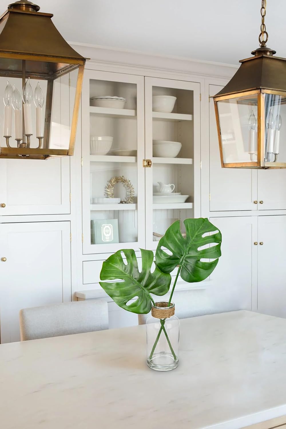 Faux Greenery Stems in Glass Vase with Faux Water, Silk Alocasia Realistic Fake Plants Artificial Tropical Leaves for Home Office Farmhouse Wedding Centerpiece Décor