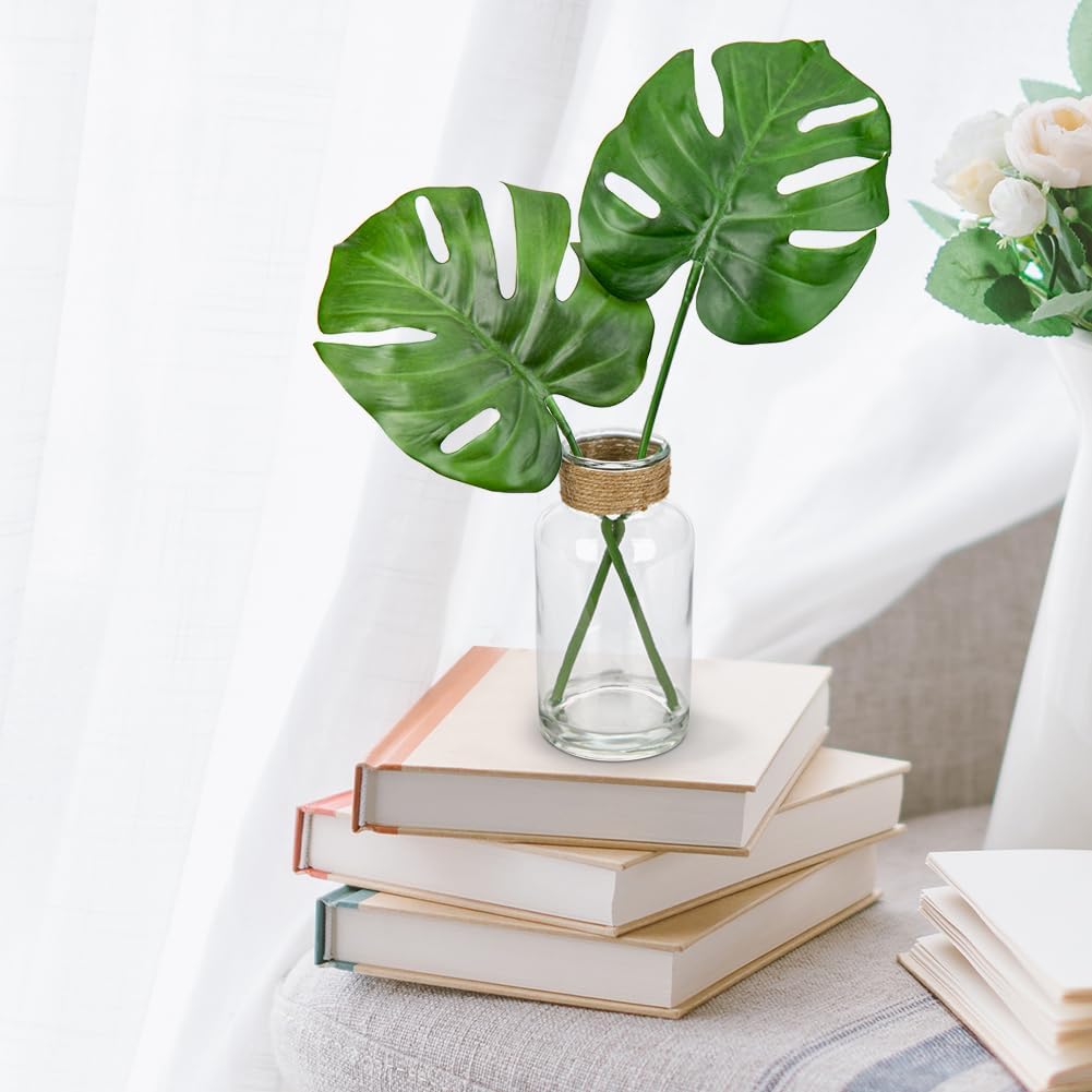 Faux Greenery Stems in Glass Vase with Faux Water, Silk Alocasia Realistic Fake Plants Artificial Tropical Leaves for Home Office Farmhouse Wedding Centerpiece Décor