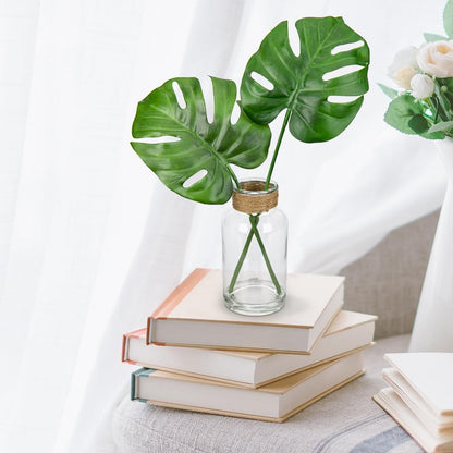 Faux Greenery Stems in Glass Vase with Faux Water, Silk Alocasia Realistic Fake Plants Artificial Tropical Leaves for Home Office Farmhouse Wedding Centerpiece Décor