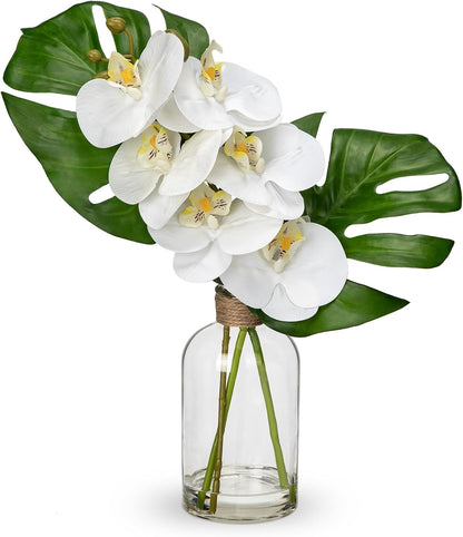 Faux Greenery Stems in Glass Vase with Faux Water, Silk Alocasia Realistic Fake Plants Artificial Tropical Leaves for Home Office Farmhouse Wedding Centerpiece Décor