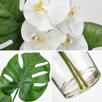 Faux Greenery Stems in Glass Vase with Faux Water, Silk Alocasia Realistic Fake Plants Artificial Tropical Leaves for Home Office Farmhouse Wedding Centerpiece Décor