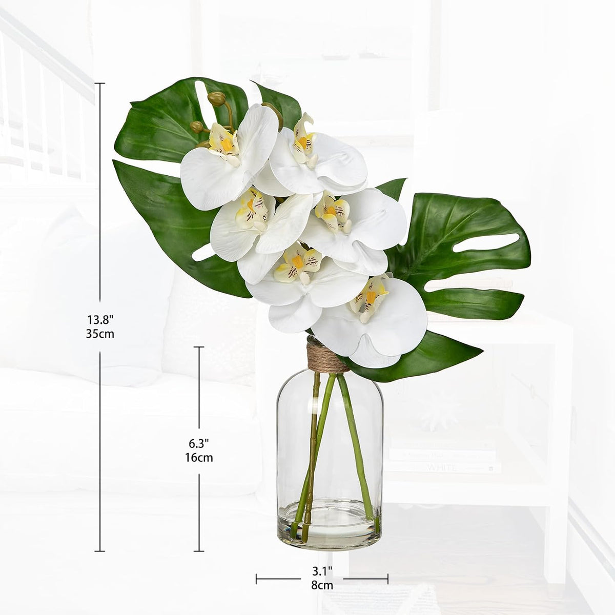 Faux Greenery Stems in Glass Vase with Faux Water, Silk Alocasia Realistic Fake Plants Artificial Tropical Leaves for Home Office Farmhouse Wedding Centerpiece Décor