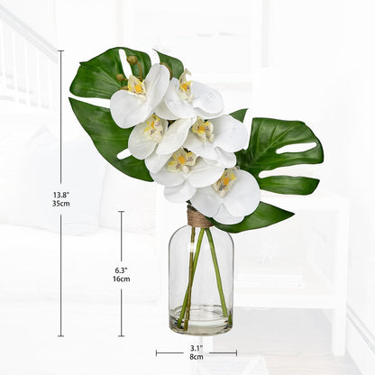 Faux Greenery Stems in Glass Vase with Faux Water, Silk Alocasia Realistic Fake Plants Artificial Tropical Leaves for Home Office Farmhouse Wedding Centerpiece Décor