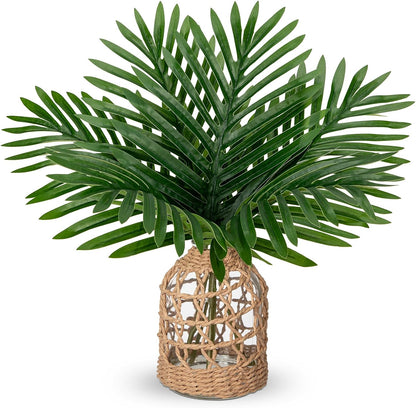 Faux Greenery Stems in Glass Vase with Faux Water, Silk Alocasia Realistic Fake Plants Artificial Tropical Leaves for Home Office Farmhouse Wedding Centerpiece Décor