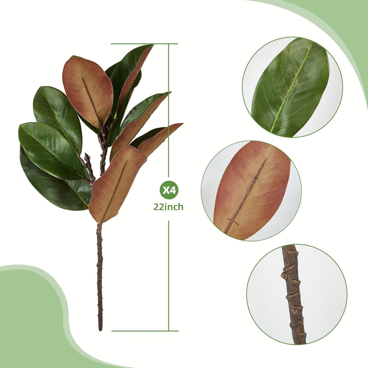 Magnolia Artificial Leaves Branches 22 Inch 3D Real Touch Faux Magnolia Stems Fake Magnolia Twigs for Indoor Outdoor Vase Filling Home Wedding Floral Arrangement Decoration