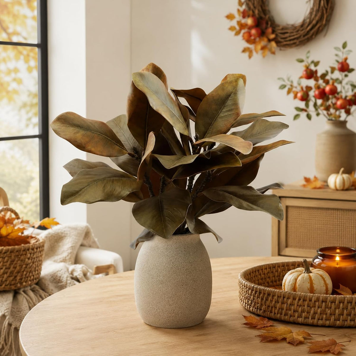 Magnolia Artificial Leaves Branches 22 Inch 3D Real Touch Faux Magnolia Stems Fake Magnolia Twigs for Indoor Outdoor Vase Filling Home Wedding Floral Arrangement Decoration