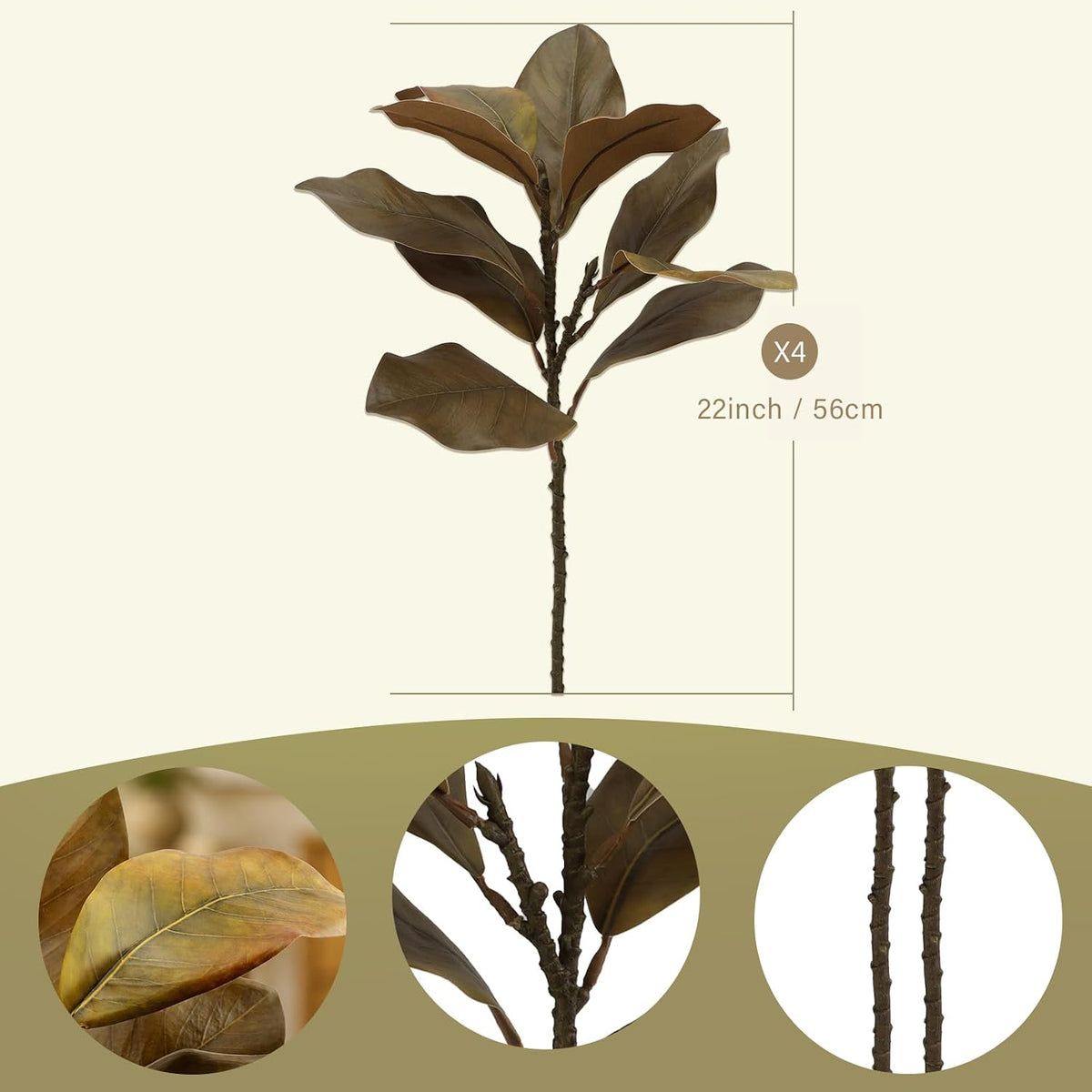 Magnolia Artificial Leaves Branches 22 Inch 3D Real Touch Faux Magnolia Stems Fake Magnolia Twigs for Indoor Outdoor Vase Filling Home Wedding Floral Arrangement Decoration