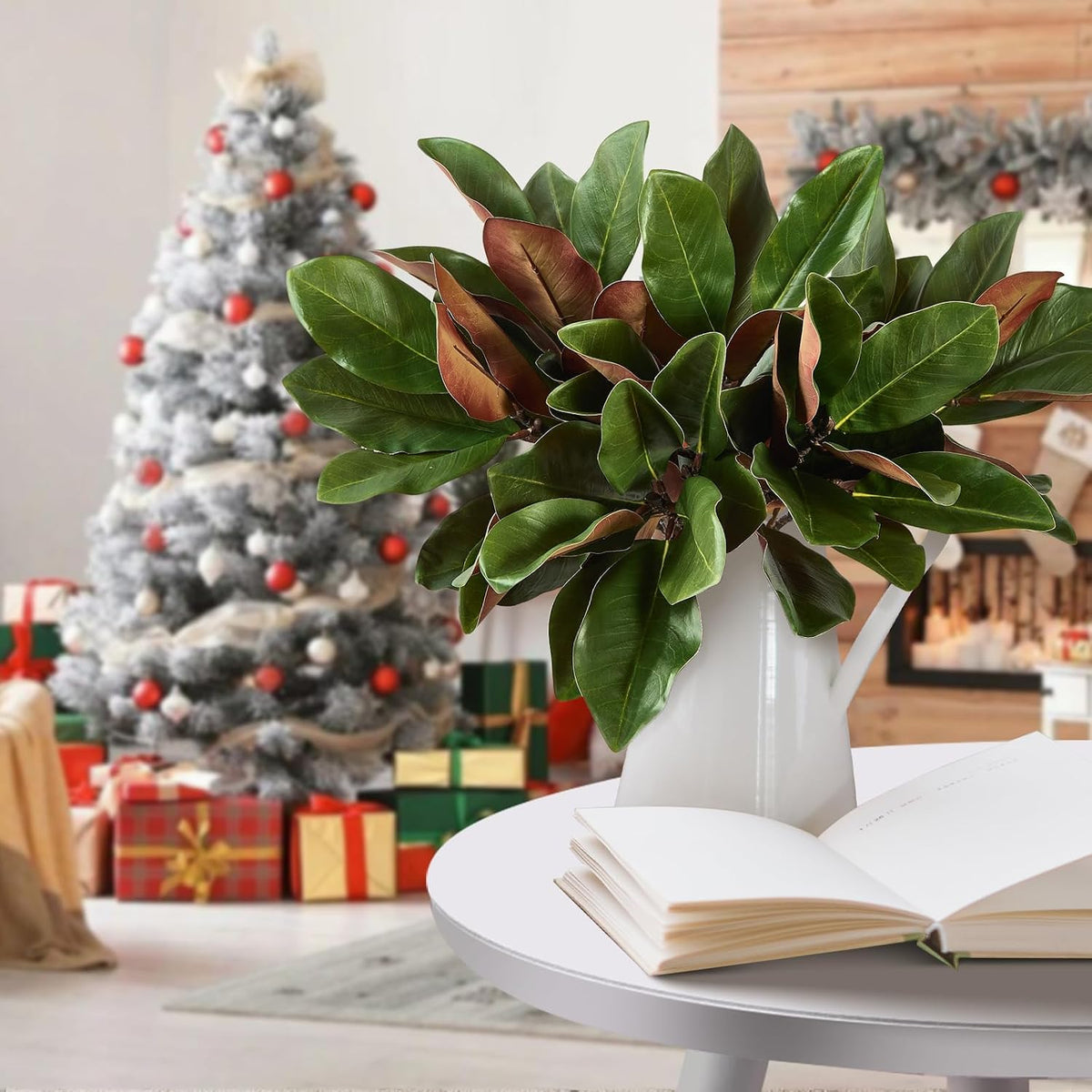 Magnolia Artificial Leaves Branches 22 Inch 3D Real Touch Faux Magnolia Stems Fake Magnolia Twigs for Indoor Outdoor Vase Filling Home Wedding Floral Arrangement Decoration