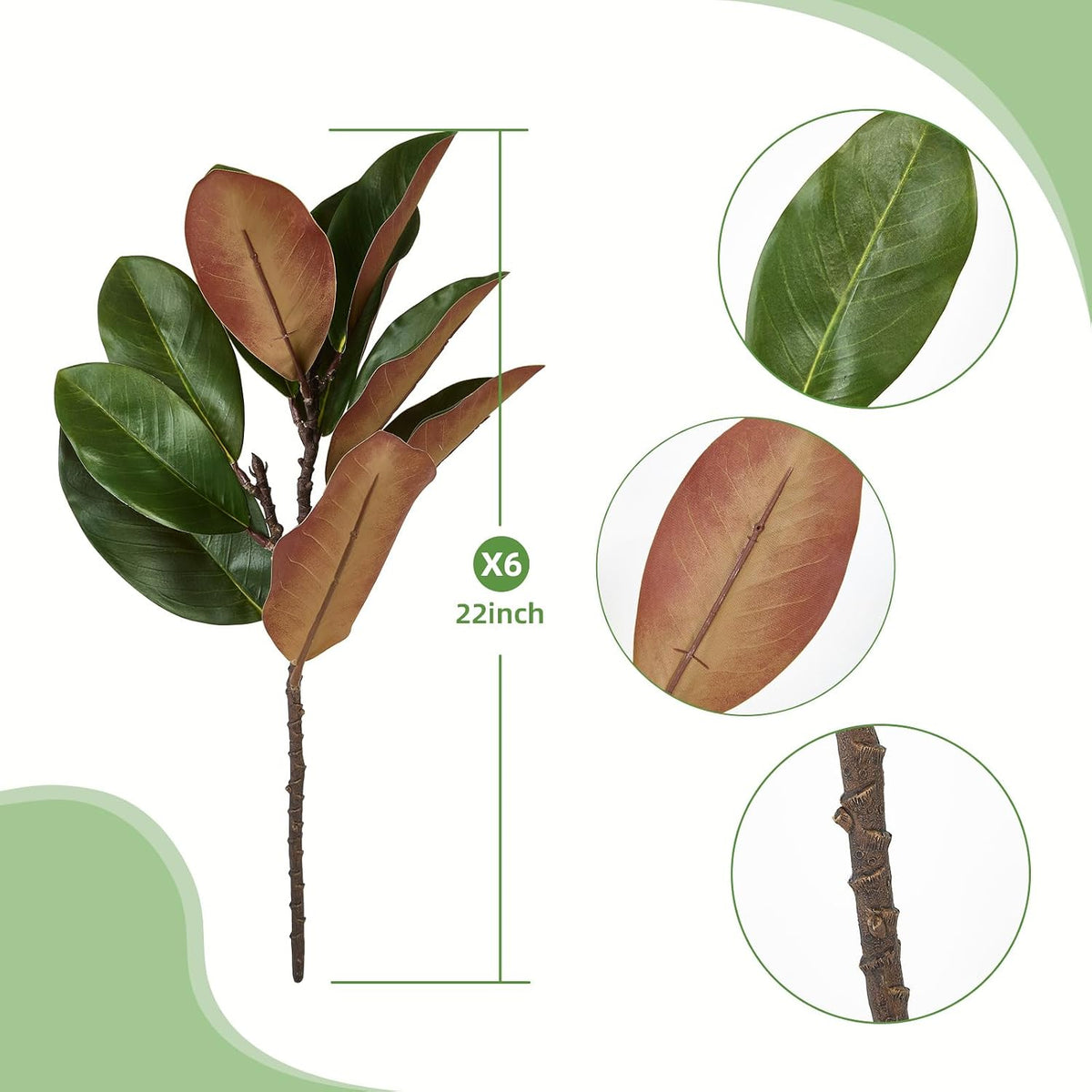 Magnolia Artificial Leaves Branches 22 Inch 3D Real Touch Faux Magnolia Stems Fake Magnolia Twigs for Indoor Outdoor Vase Filling Home Wedding Floral Arrangement Decoration