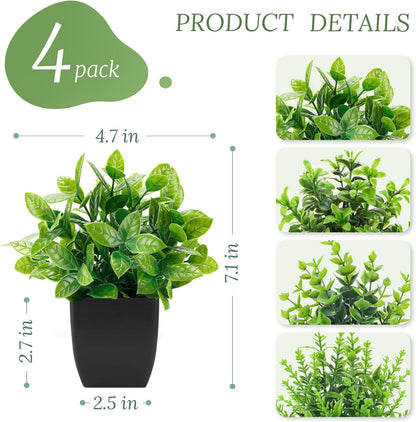 4 Pack Small Artificial Flowers in White Pots, Spring Home Decor | UV-resistant artificial plants, colorful mixed flower styles, for desk shelf bathroom bedroom classroom and spring home decor