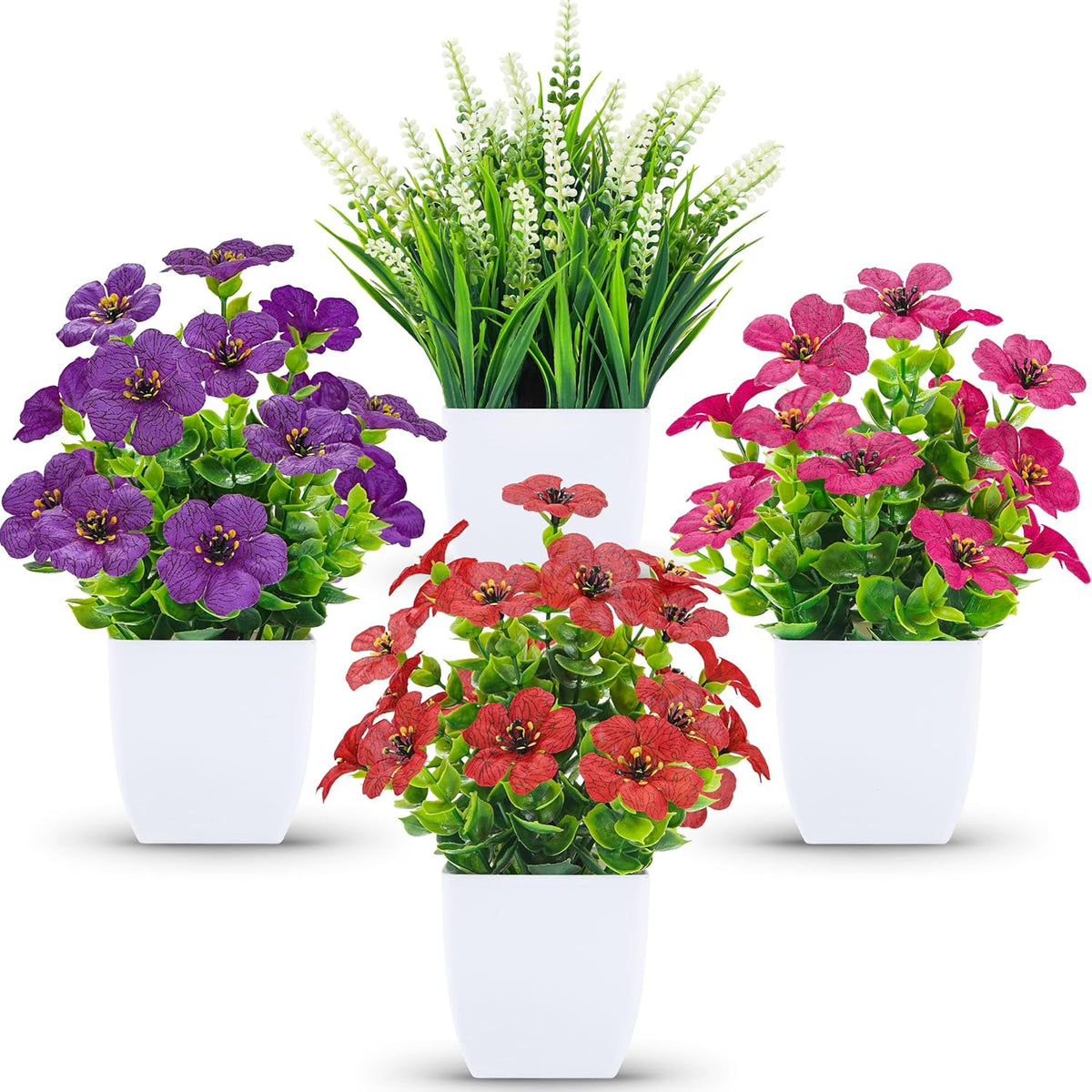 4 Pack Small Artificial Flowers in White Pots, Spring Home Decor | UV-resistant artificial plants, colorful mixed flower styles, for desk shelf bathroom bedroom classroom and spring home decor
