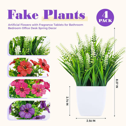 4 Pack Small Artificial Flowers in White Pots, Spring Home Decor | UV-resistant artificial plants, colorful mixed flower styles, for desk shelf bathroom bedroom classroom and spring home decor