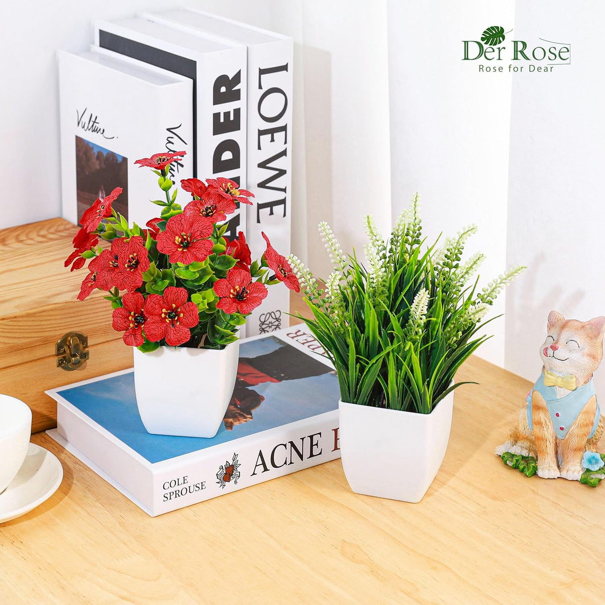 4 Pack Small Artificial Flowers in White Pots, Spring Home Decor | UV-resistant artificial plants, colorful mixed flower styles, for desk shelf bathroom bedroom classroom and spring home decor