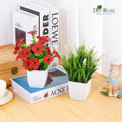 4 Pack Small Artificial Flowers in White Pots, Spring Home Decor | UV-resistant artificial plants, colorful mixed flower styles, for desk shelf bathroom bedroom classroom and spring home decor