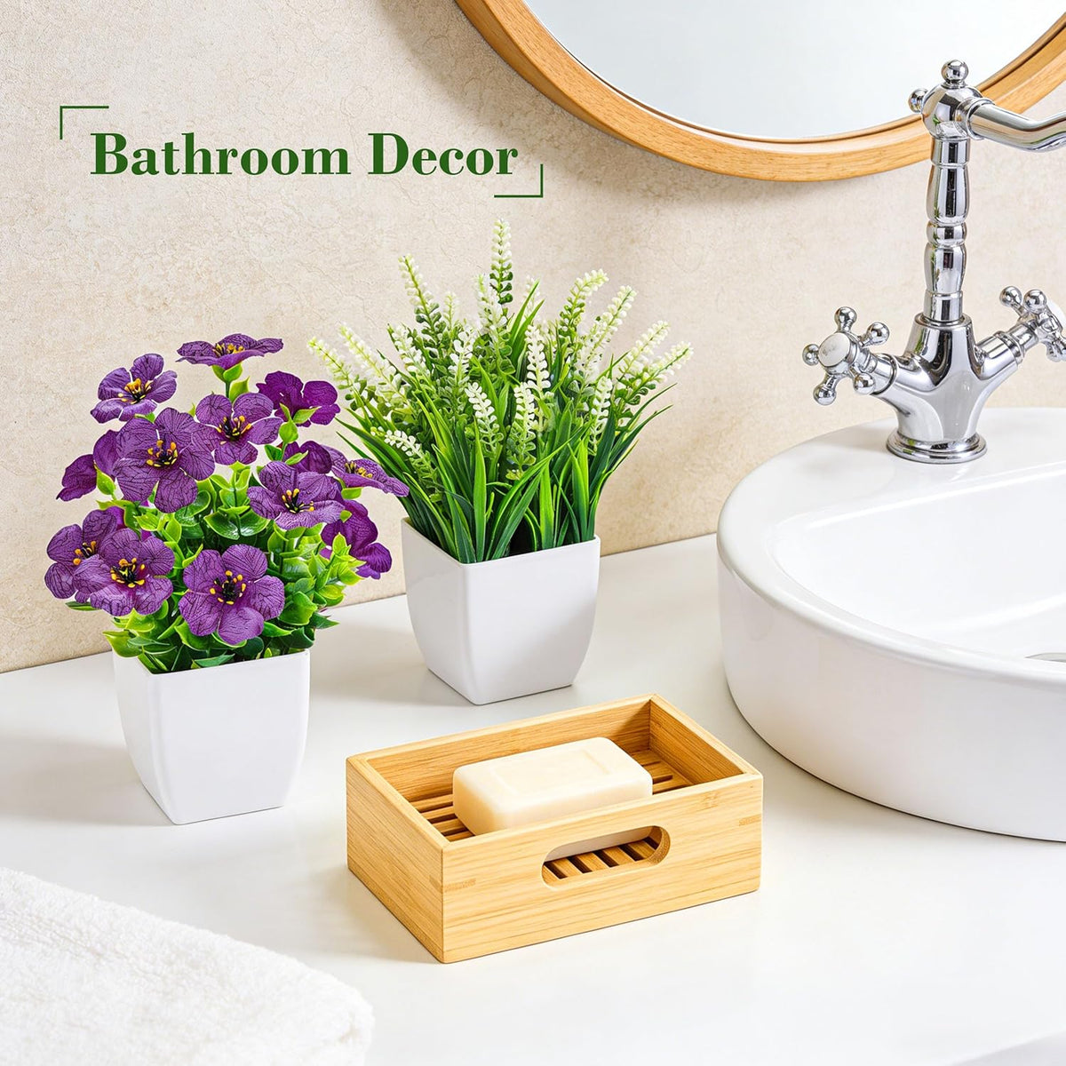 4 Pack Small Artificial Flowers in White Pots, Spring Home Decor | UV-resistant artificial plants, colorful mixed flower styles, for desk shelf bathroom bedroom classroom and spring home decor