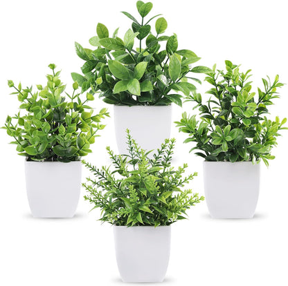 4 Pack Small Artificial Flowers in White Pots, Spring Home Decor | UV-resistant artificial plants, colorful mixed flower styles, for desk shelf bathroom bedroom classroom and spring home decor