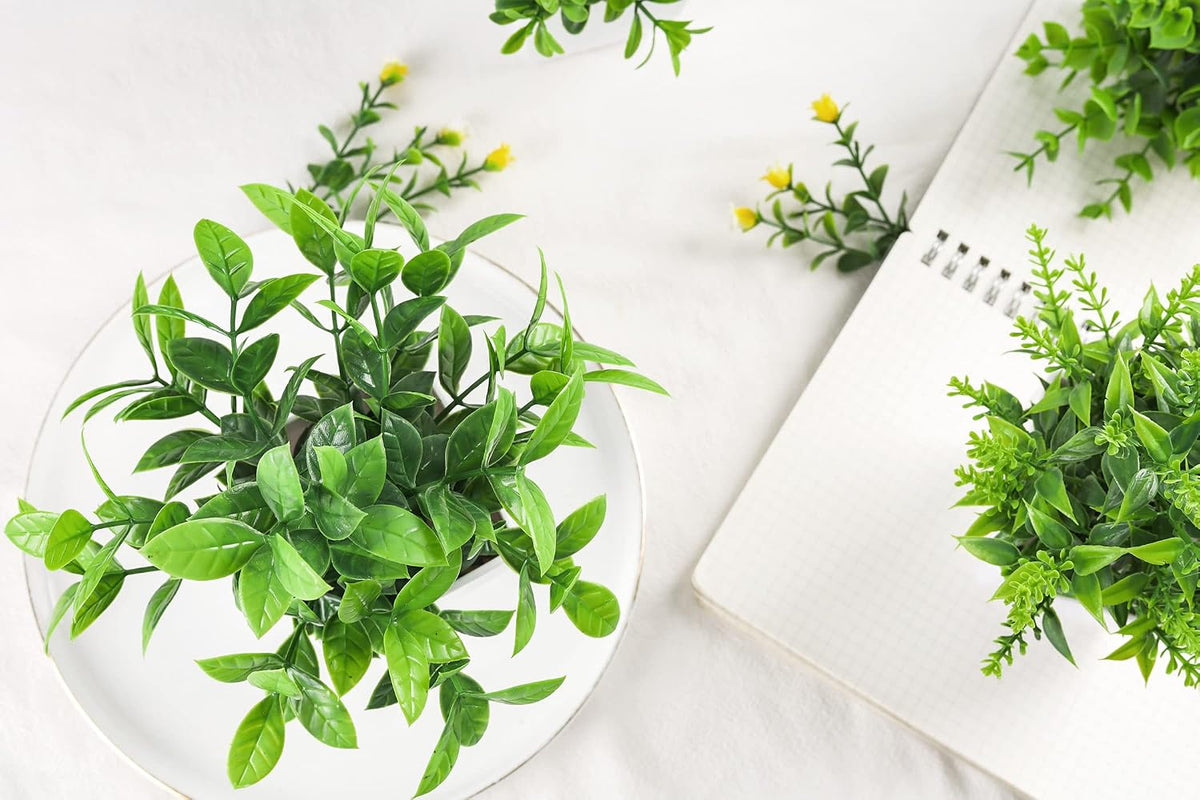 4 Pack Small Artificial Flowers in White Pots, Spring Home Decor | UV-resistant artificial plants, colorful mixed flower styles, for desk shelf bathroom bedroom classroom and spring home decor