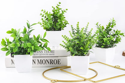 4 Pack Small Artificial Flowers in White Pots, Spring Home Decor | UV-resistant artificial plants, colorful mixed flower styles, for desk shelf bathroom bedroom classroom and spring home decor
