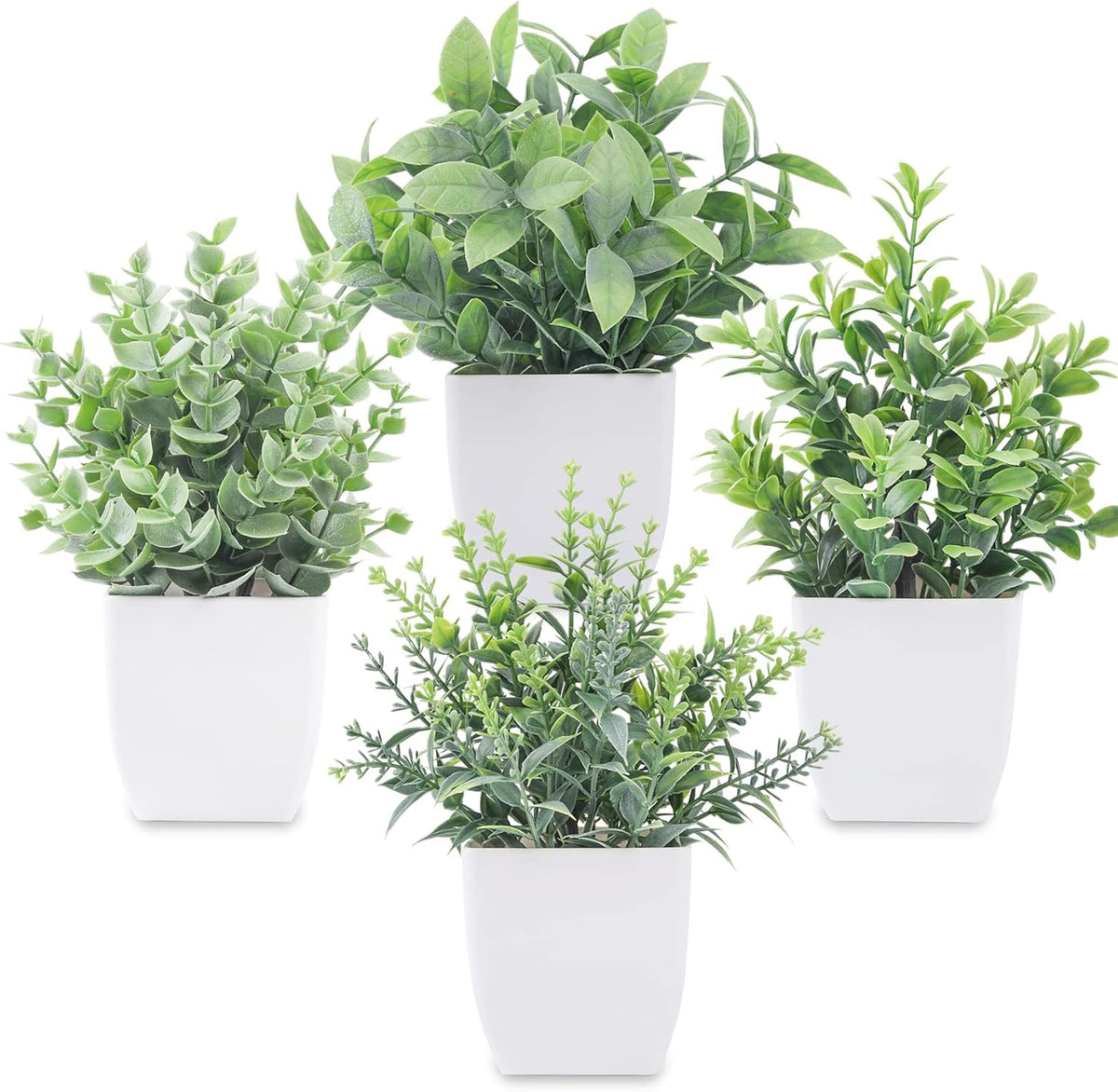 4 Pack Small Artificial Flowers in White Pots, Spring Home Decor | UV-resistant artificial plants, colorful mixed flower styles, for desk shelf bathroom bedroom classroom and spring home decor