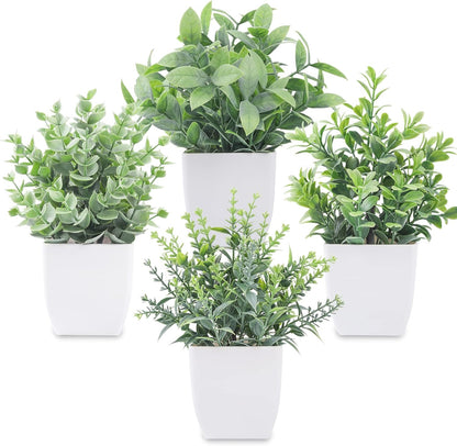 4 Pack Small Artificial Flowers in White Pots, Spring Home Decor | UV-resistant artificial plants, colorful mixed flower styles, for desk shelf bathroom bedroom classroom and spring home decor