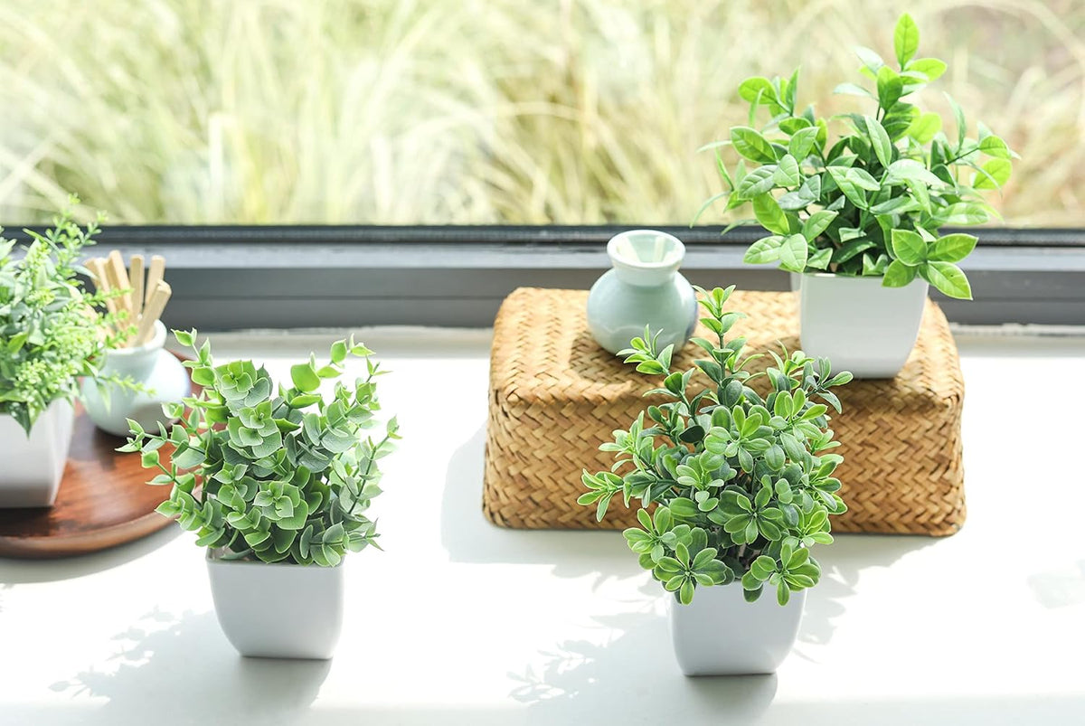 4 Pack Small Artificial Flowers in White Pots, Spring Home Decor | UV-resistant artificial plants, colorful mixed flower styles, for desk shelf bathroom bedroom classroom and spring home decor