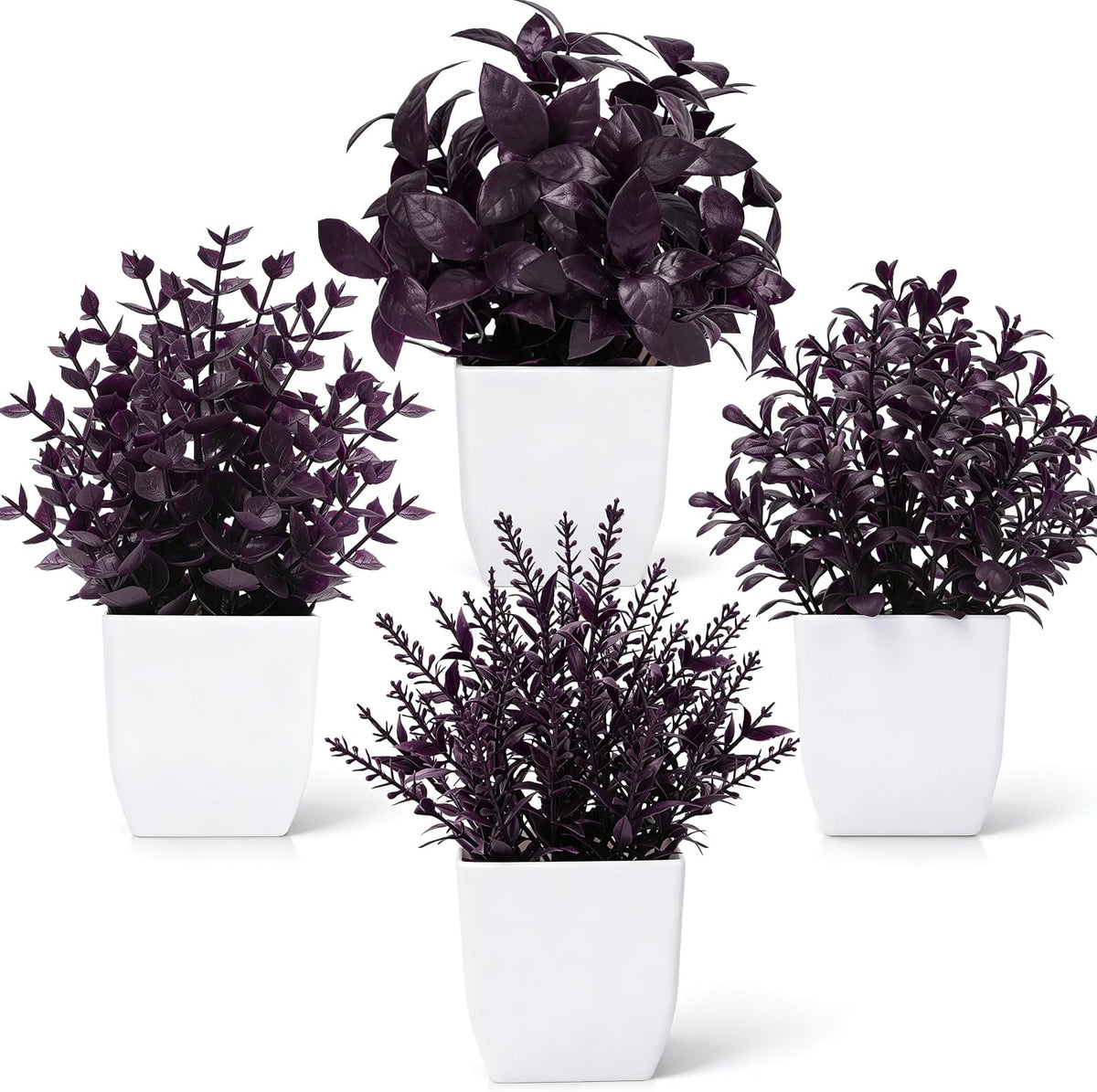 4 Pack Small Artificial Flowers in White Pots, Spring Home Decor | UV-resistant artificial plants, colorful mixed flower styles, for desk shelf bathroom bedroom classroom and spring home decor