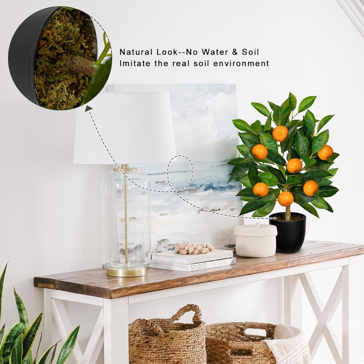 Artificial Potted Plants 16.1 inches Fake Orange Tree Artificial Citrus Fruit Plant with White Pot Faux Plants Indoor for Home,Office, Living Room Table, Desk
