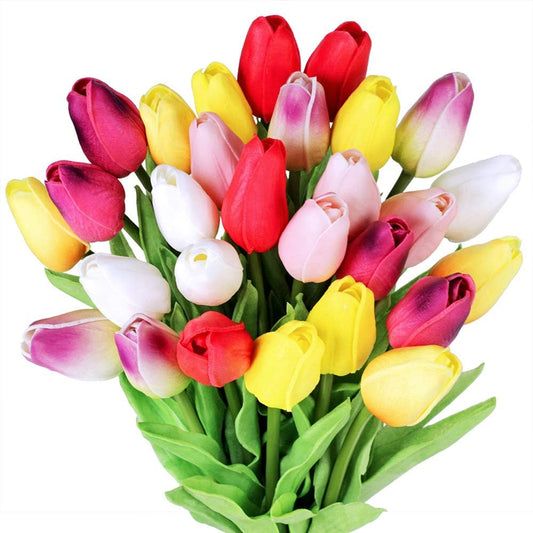 28 Pcs Multicolor Tulips Artificial Flowers Faux Tulip Stems Real Feel PU Tulips Easter Spring Wedding Bouquet Centerpiece Floral Arrangement Cemetery Table Décor 14" Tall
