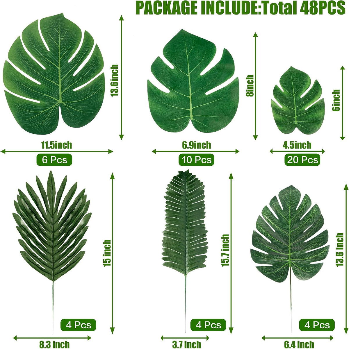 11 Kinds Artificial Tropical Palm Leaves Tropical Leaves Monstera Leaves Safari Jungle Leaf with Stems for Hawaiian Luau Party Table Wedding Shower Birthday Theme Decorations