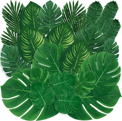 11 Kinds Artificial Tropical Palm Leaves Tropical Leaves Monstera Leaves Safari Jungle Leaf with Stems for Hawaiian Luau Party Table Wedding Shower Birthday Theme Decorations