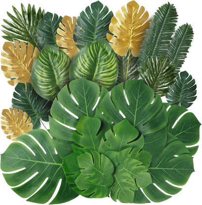 11 Kinds Artificial Tropical Palm Leaves Tropical Leaves Monstera Leaves Safari Jungle Leaf with Stems for Hawaiian Luau Party Table Wedding Shower Birthday Theme Decorations