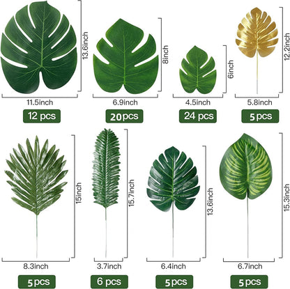 11 Kinds Artificial Tropical Palm Leaves Tropical Leaves Monstera Leaves Safari Jungle Leaf with Stems for Hawaiian Luau Party Table Wedding Shower Birthday Theme Decorations