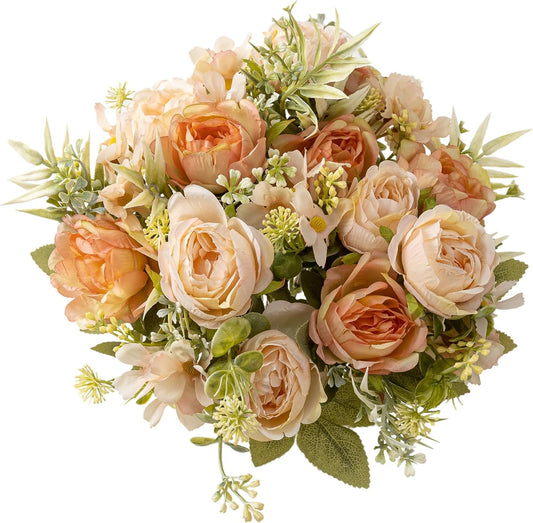 Artificial Peonies Flowers,Fake Peony Silk Flower Bouquet 3 Bundles Plastic Florals Bulk Arrangements for Vase Wedding Decoration(Orange)