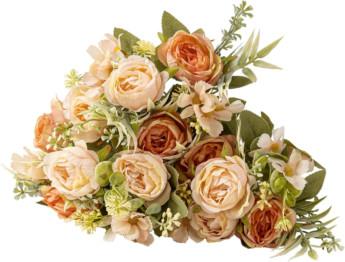 Artificial Peonies Flowers,Fake Peony Silk Flower Bouquet 3 Bundles Plastic Florals Bulk Arrangements for Vase Wedding Decoration(Orange)