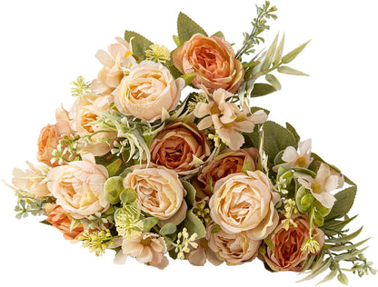 Artificial Peonies Flowers,Fake Peony Silk Flower Bouquet 3 Bundles Plastic Florals Bulk Arrangements for Vase Wedding Decoration(Orange)