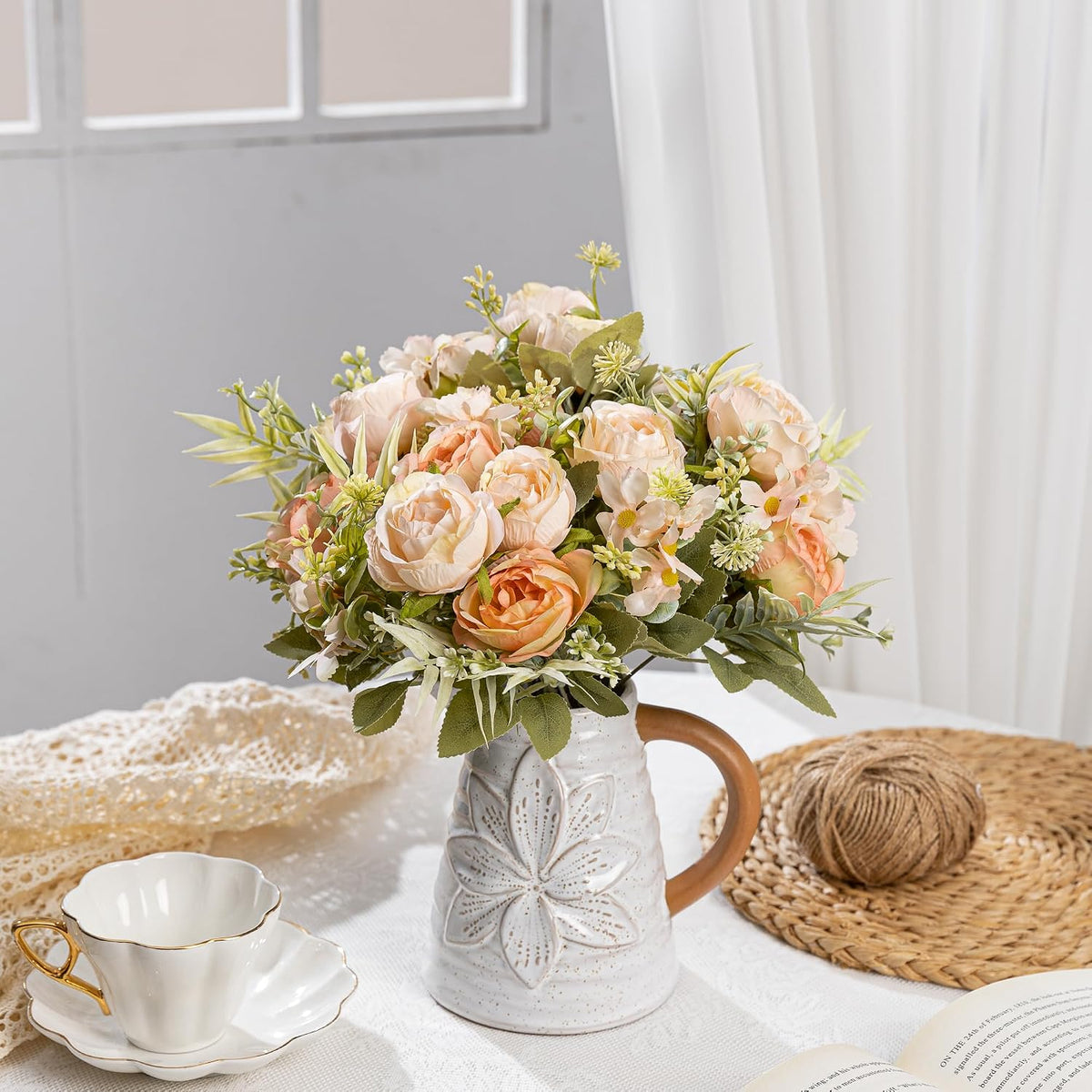 Artificial Peonies Flowers,Fake Peony Silk Flower Bouquet 3 Bundles Plastic Florals Bulk Arrangements for Vase Wedding Decoration(Orange)