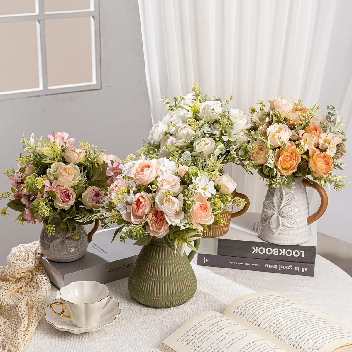 Artificial Peonies Flowers,Fake Peony Silk Flower Bouquet 3 Bundles Plastic Florals Bulk Arrangements for Vase Wedding Decoration(Orange)
