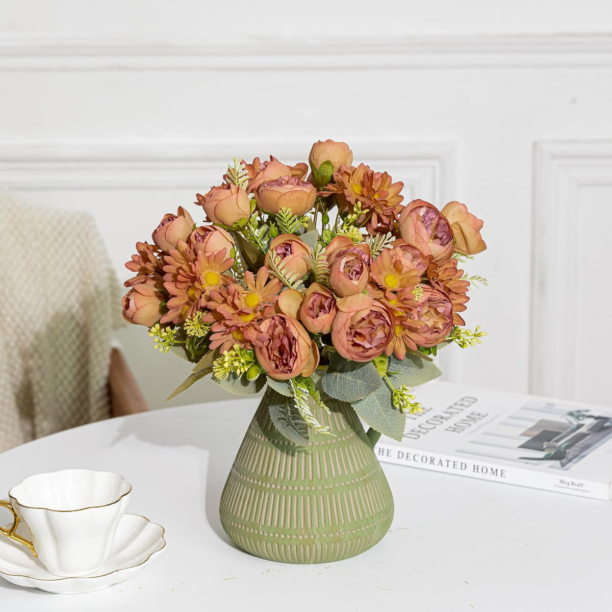 Artificial Peonies Flowers,Fake Peony Silk Flower Bouquet 3 Bundles Plastic Florals Bulk Arrangements for Vase Wedding Decoration(Orange)