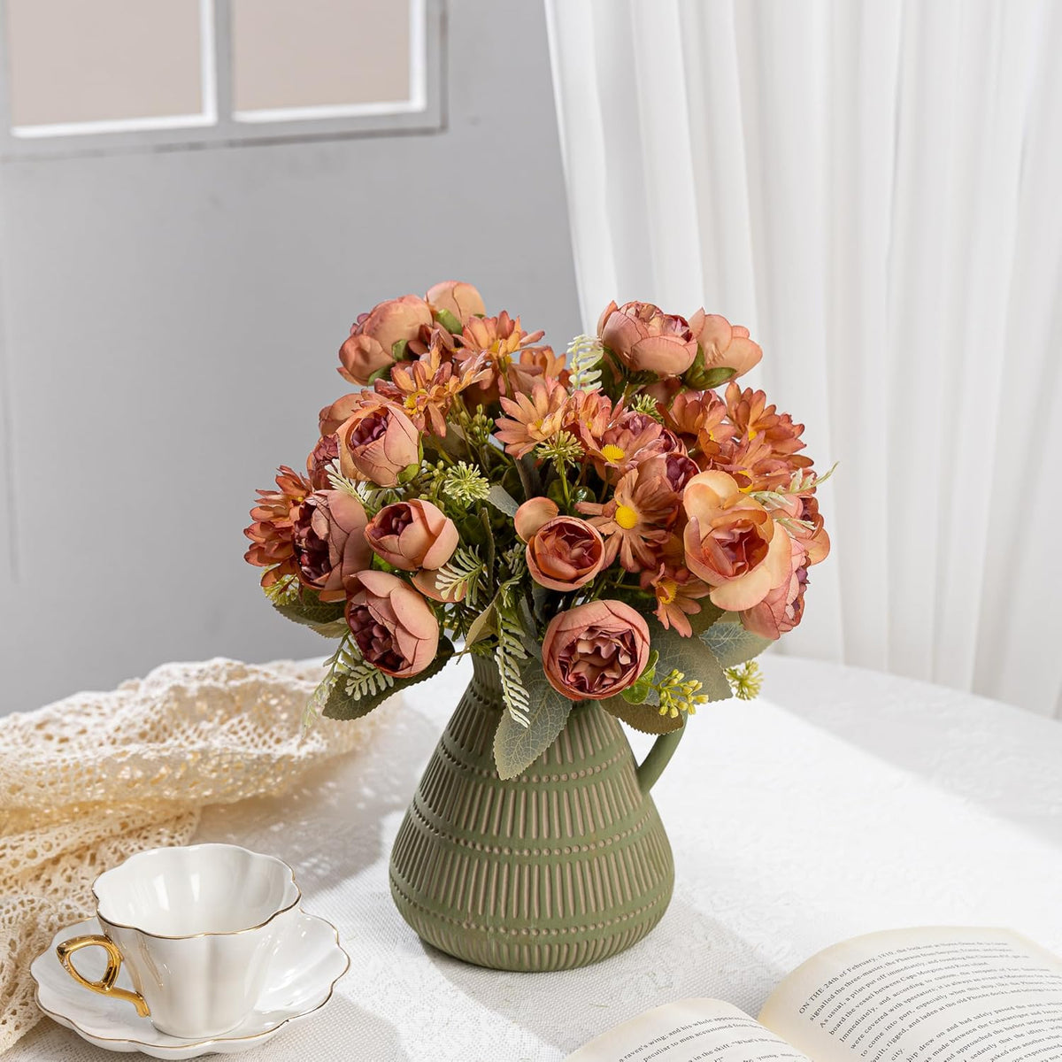 Artificial Peonies Flowers,Fake Peony Silk Flower Bouquet 3 Bundles Plastic Florals Bulk Arrangements for Vase Wedding Decoration(Orange)
