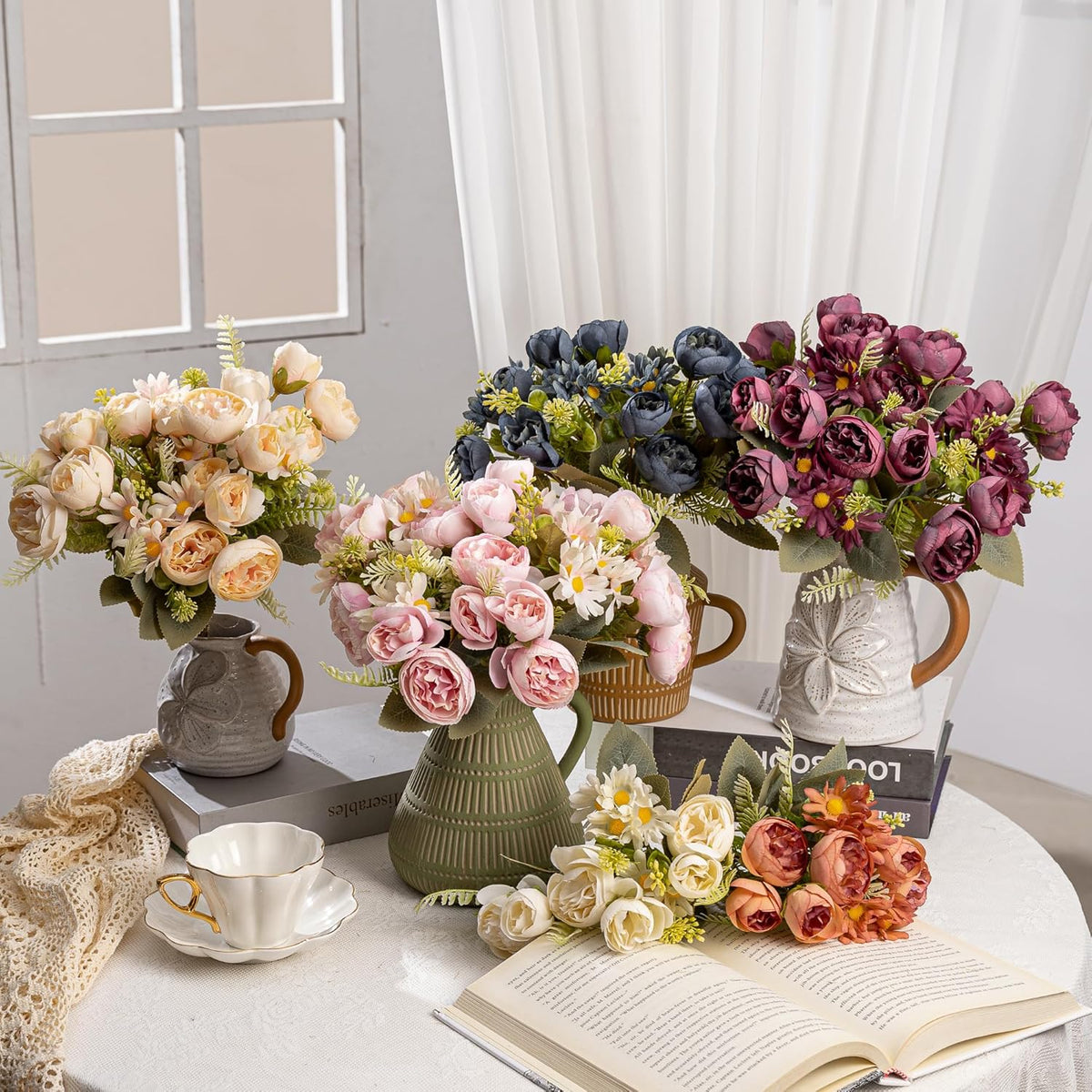 Artificial Peonies Flowers,Fake Peony Silk Flower Bouquet 3 Bundles Plastic Florals Bulk Arrangements for Vase Wedding Decoration(Orange)