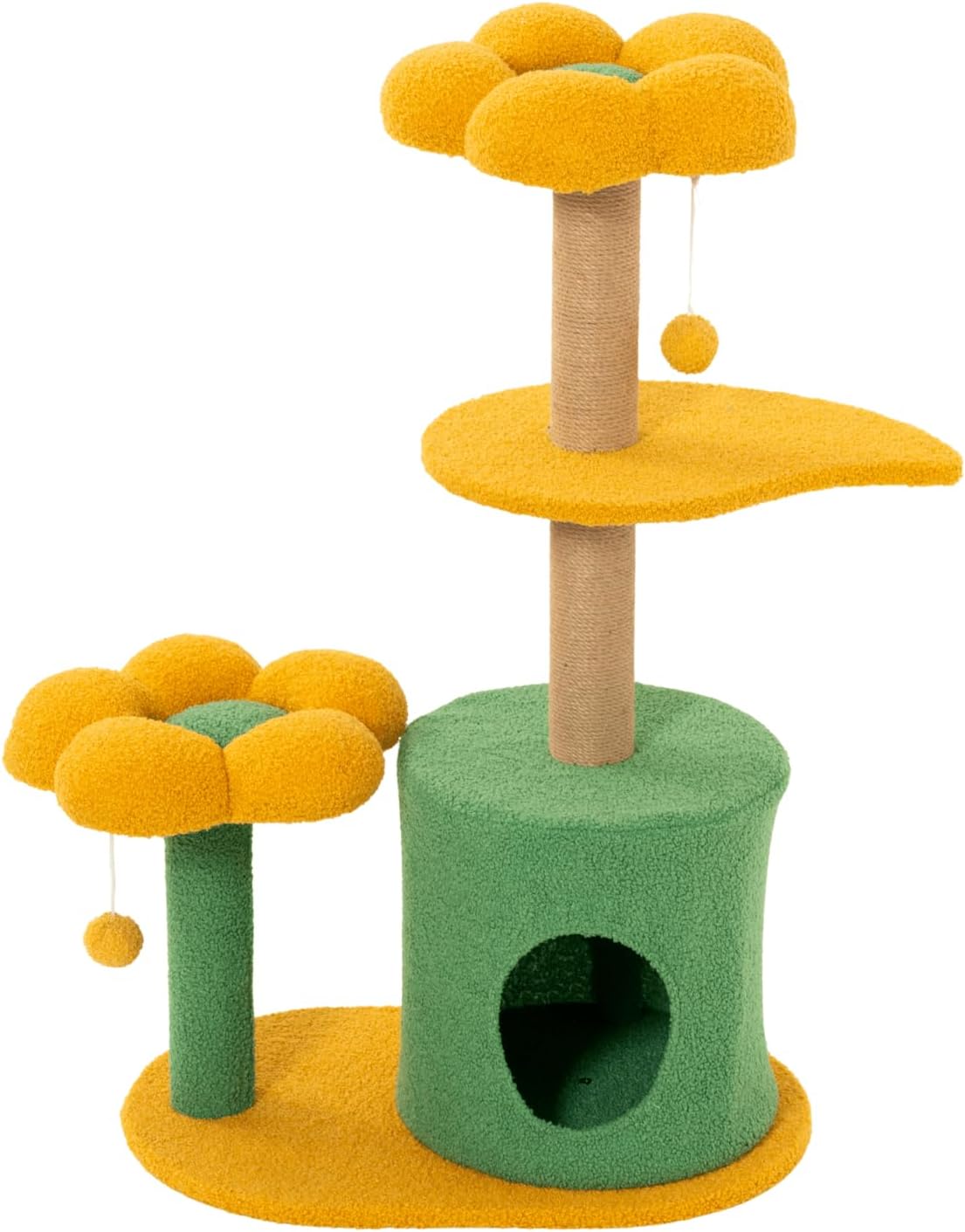 Nonta Flower 35.04“Cat Tree for Indoor Cats, Compact Multi‑Level Cute Cat Tower with Natural Sisal Scratching Post, Cozy Cat Condo Cave, Leaf‑Shaped Perches & Hanging Pom‑Pom Toys, Stable Space Saving