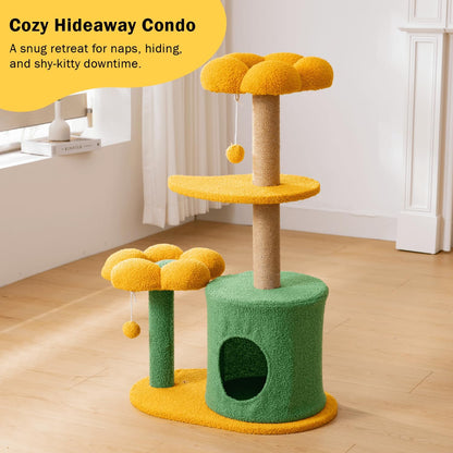 Nonta Flower 35.04“Cat Tree for Indoor Cats, Compact Multi‑Level Cute Cat Tower with Natural Sisal Scratching Post, Cozy Cat Condo Cave, Leaf‑Shaped Perches & Hanging Pom‑Pom Toys, Stable Space Saving