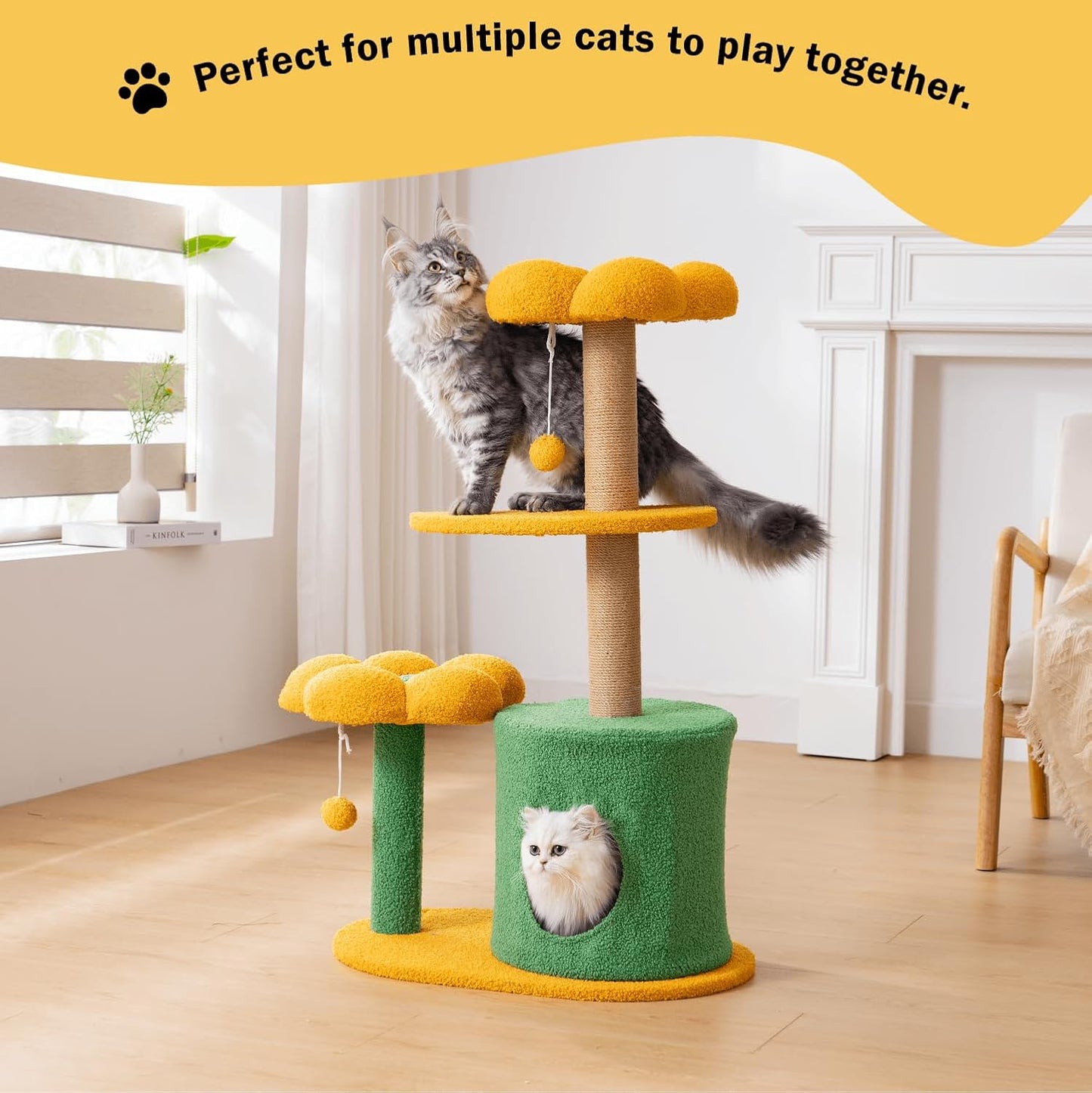 Nonta Flower 35.04“Cat Tree for Indoor Cats, Compact Multi‑Level Cute Cat Tower with Natural Sisal Scratching Post, Cozy Cat Condo Cave, Leaf‑Shaped Perches & Hanging Pom‑Pom Toys, Stable Space Saving