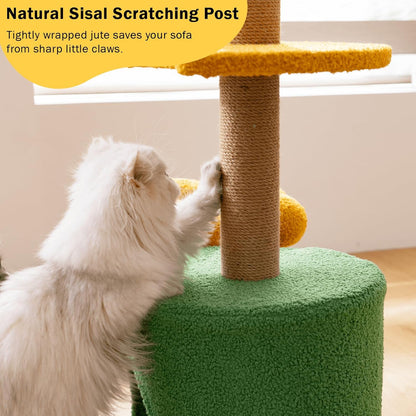 Nonta Flower 35.04“Cat Tree for Indoor Cats, Compact Multi‑Level Cute Cat Tower with Natural Sisal Scratching Post, Cozy Cat Condo Cave, Leaf‑Shaped Perches & Hanging Pom‑Pom Toys, Stable Space Saving