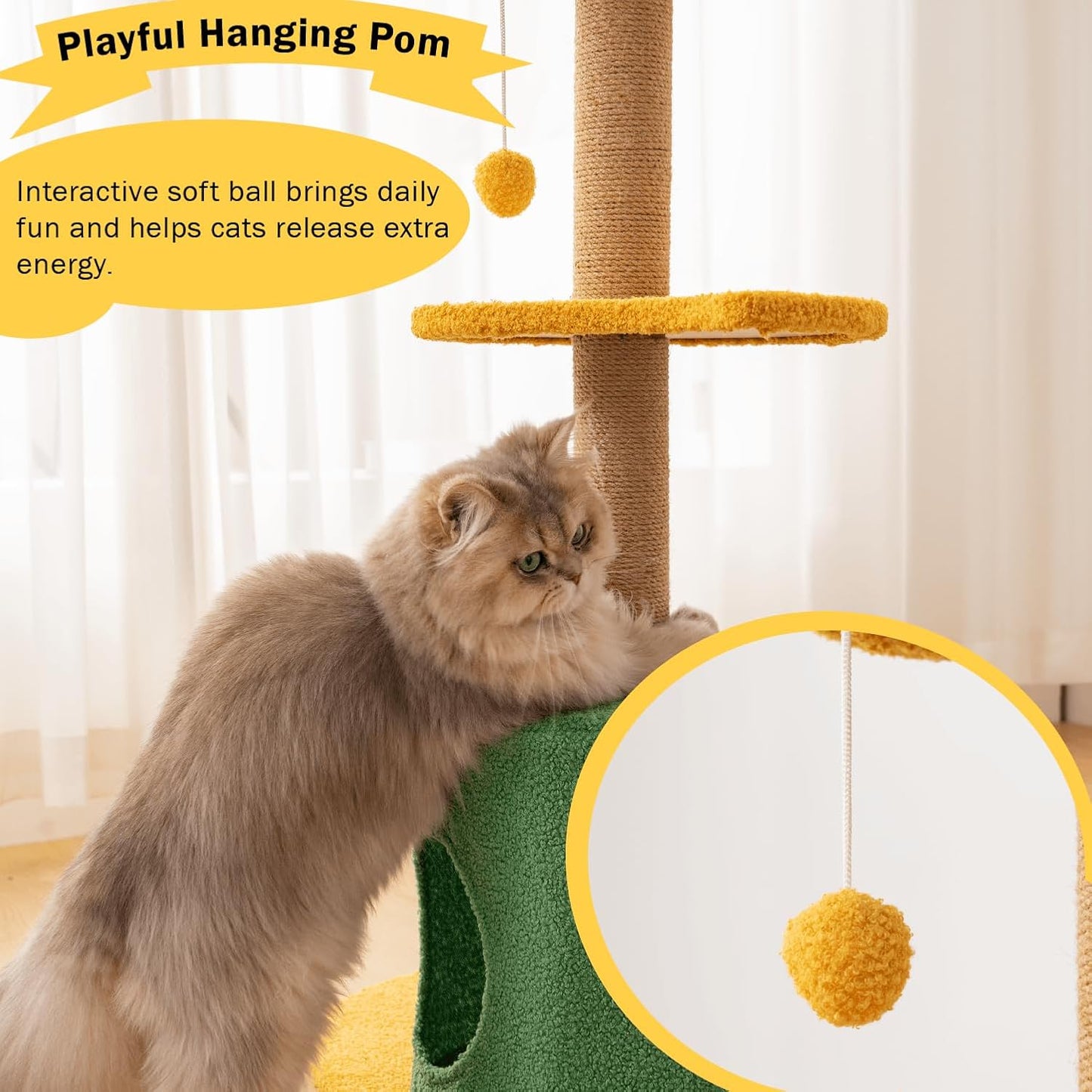 Nonta Flower 35.04“Cat Tree for Indoor Cats, Compact Multi‑Level Cute Cat Tower with Natural Sisal Scratching Post, Cozy Cat Condo Cave, Leaf‑Shaped Perches & Hanging Pom‑Pom Toys, Stable Space Saving