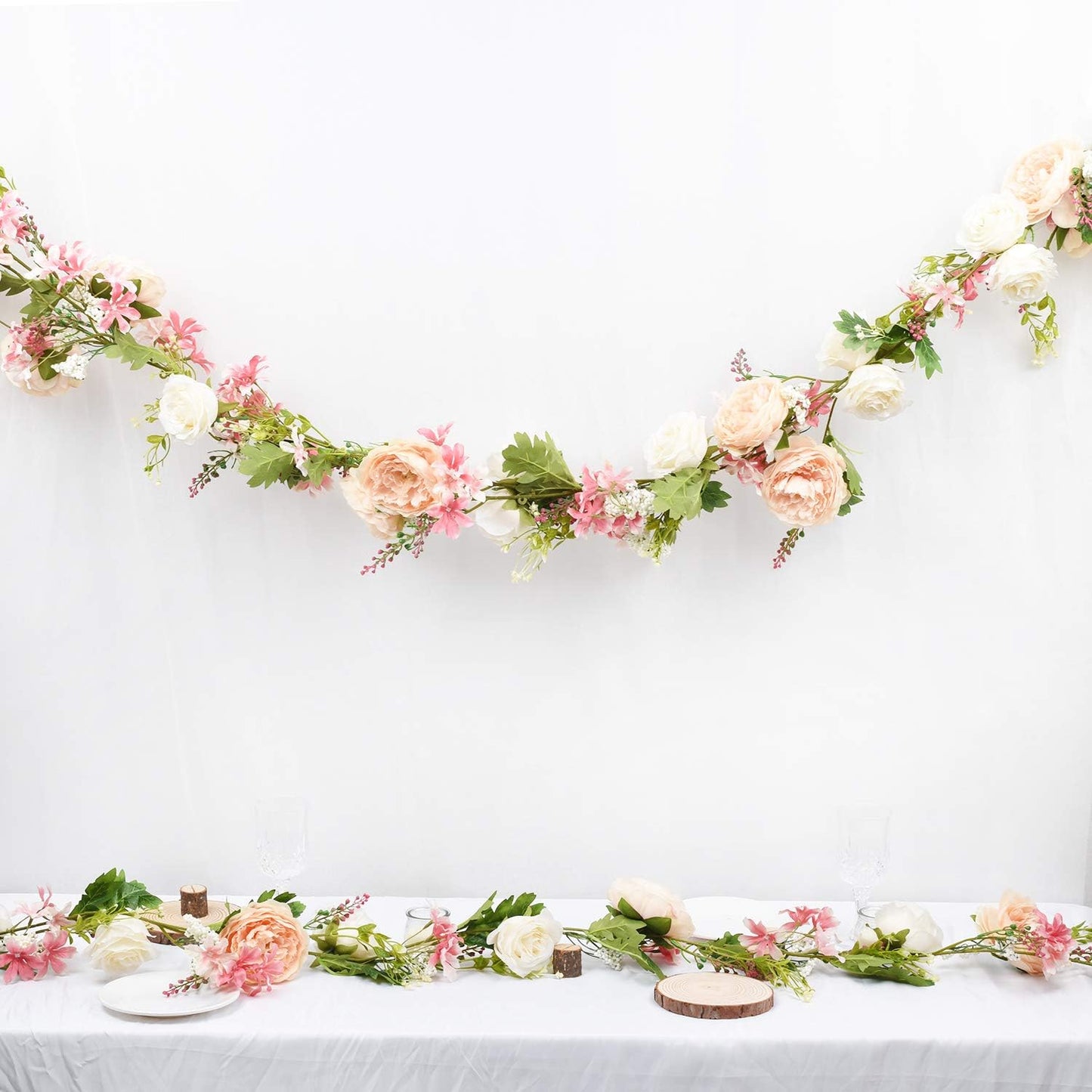 2Pack Artificial Peony Flower Garland - Silk Peony Garland with White Flowers for Wedding Party Table Decoration,6ft/Strand