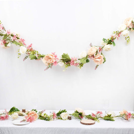 2Pack Artificial Peony Flower Garland - Silk Peony Garland with White Flowers for Wedding Party Table Decoration,6ft/Strand